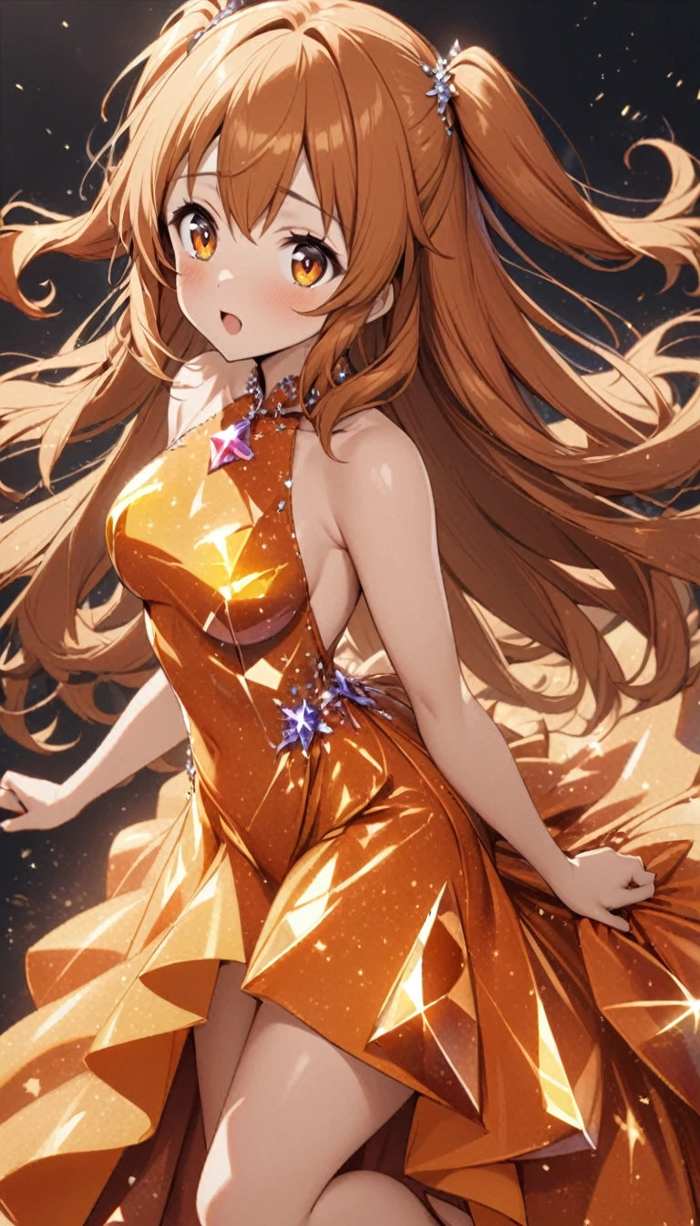 1girl,two side up,orange brown long hair,orange color eyes,tareme,medium breasts,star crystalline dress