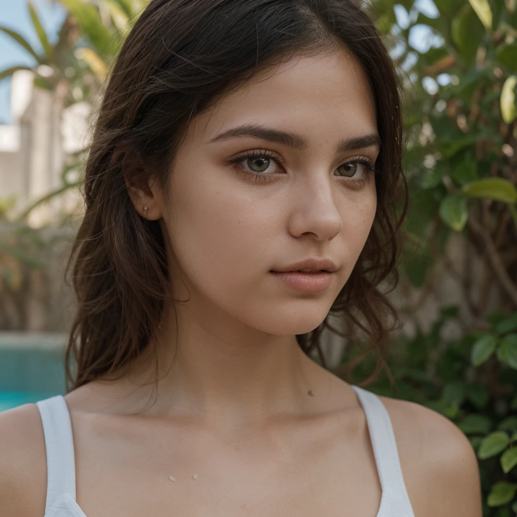 (A photograph of the most beautiful 19 year old Latina woman with dark hair and a fair complexion, gazing away from the camera), she has (well-defined eyebrows, long lashes, and full lips), ((sharp focus on her eyes)), Her hair is wet, suggesting she has just come out of water, with strands framing her face, the background features lush green foliage and a clear blue sky, indicating an outdoor setting, possibly near a pool or beach, The lighting is natural and bright, casting soft shadows on her face, (the overall mood is serene and confident), Close-up shot, shallow depth of field, natural light, tropical setting.