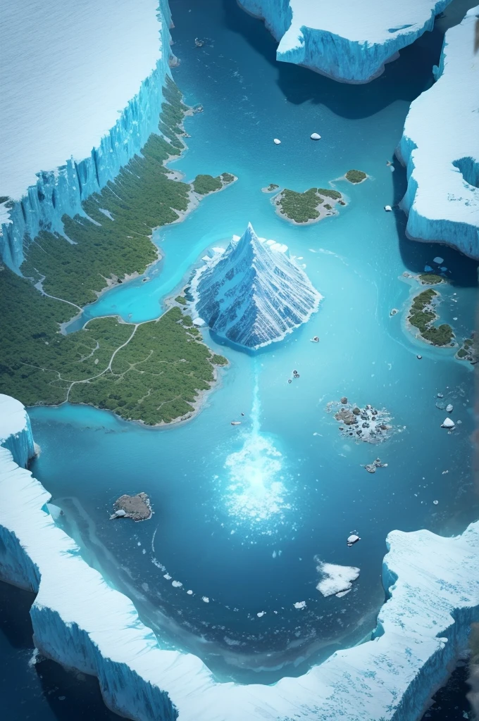 Create an RPG map seen from above with several ice mountains