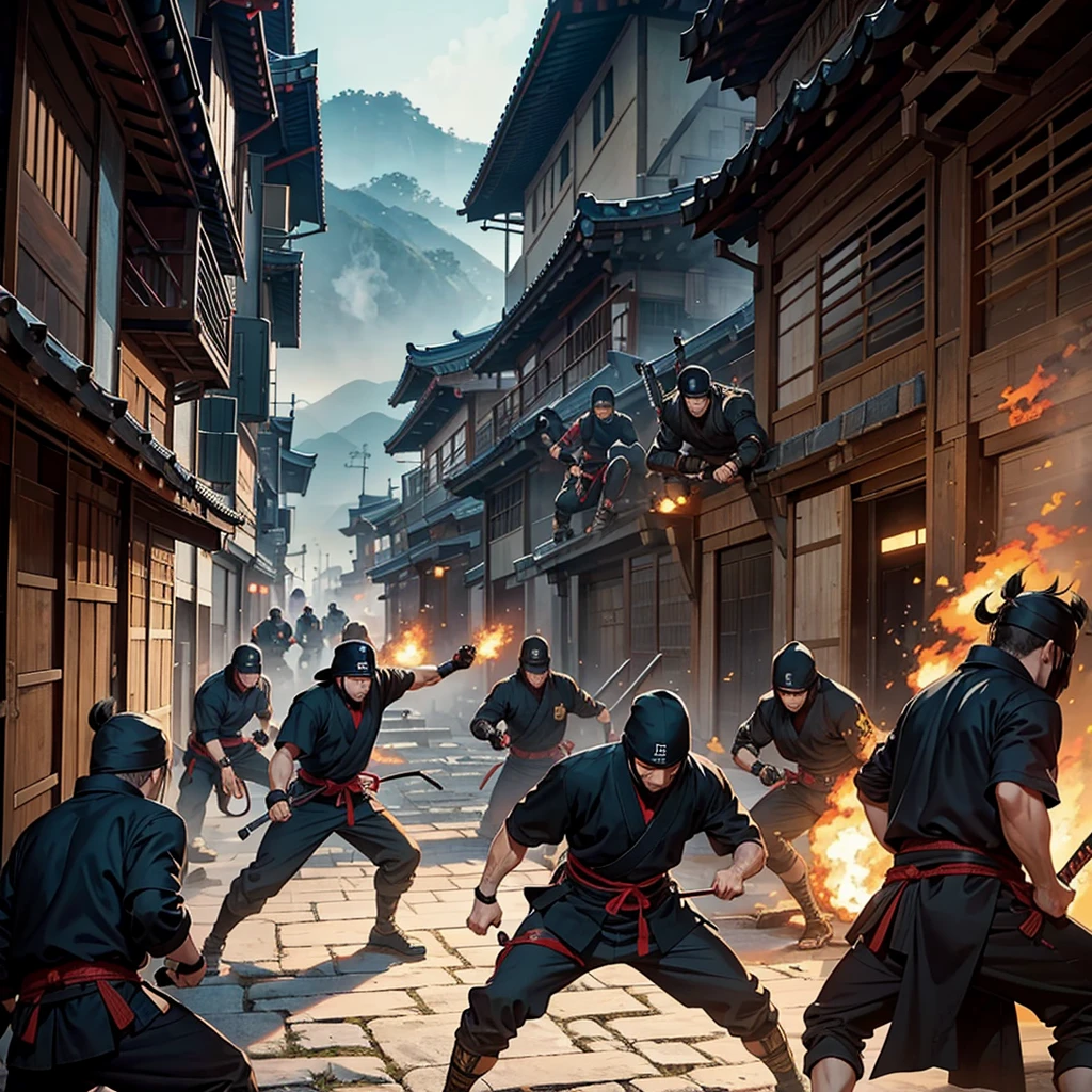 Professional ninjas doing parkour facing an army of samurai fiercely in a village in South Korea in a fierce battle