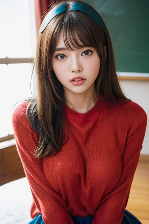 randome pose、top-quality、超A high resolution、(Photorealsitic:1.5)、1人、Red sweater、(Brown hair:1.2)、(huge-breasted:1.2)、Classroom、looking at viewert、a closeup、full body Esbian、Nasty eyes
