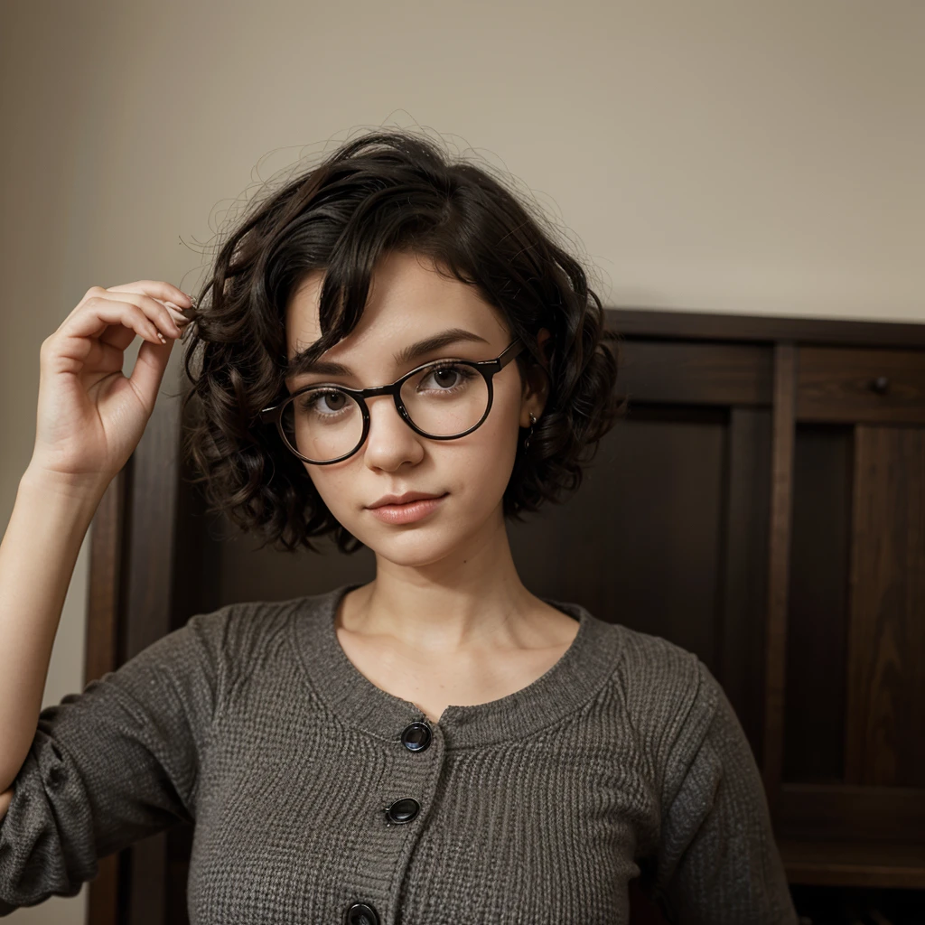 blythe doll with very short curly hair and black glasses