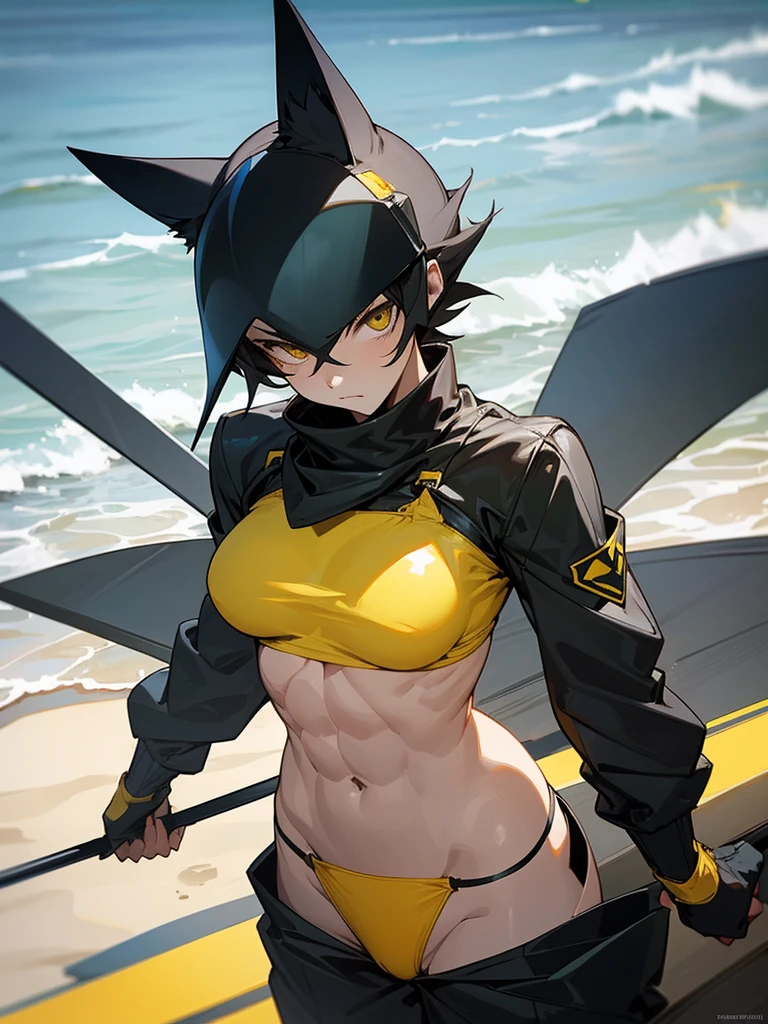 18 year old Celty Sturluson from Durarara in a yellow thong bikini flexing her muscles with her hands behind her cat ear helmet so they are not seen to show off her abs on a white sanded beach, highly detailed