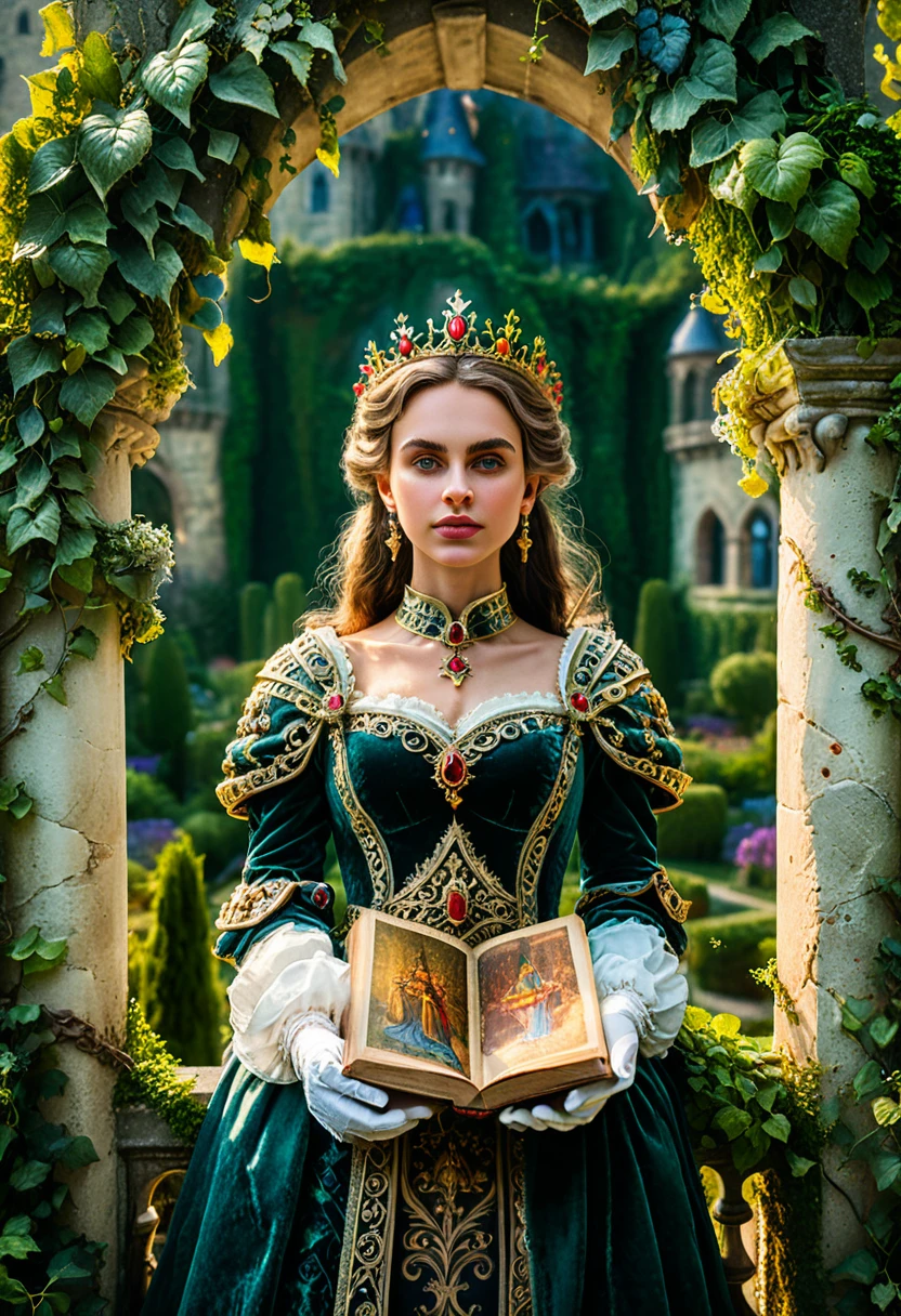 (Queen, crown), At the center of the screen is a crowned queen standing on the balcony of an ancient castle, with a magic book next to her. Outside is a splendid garden, the background is a castle covered with vines, (Photography), award-winning, cinematic still, emotional, vignette, dynamic, vivid, (masterpiece, best quality, Professional, perfect composition, very aesthetic, absurdres, ultra-detailed, intricate details:1.3)