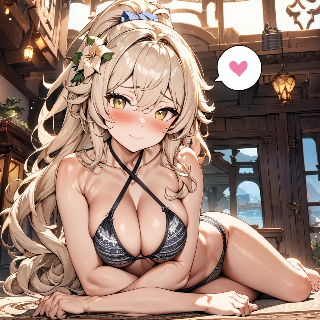 masterpiece), (highest quality), (illustration), (super detailed), (high resolution), absurdity, 1girl,aether,genshin impact,long hair,wavy hair,ponytail,criss-cross halter,patterned bikini,long hair,hair flower,blush,beachyokozuwari,looking at viewer,bare feet,blush,shy smile,spoken heart