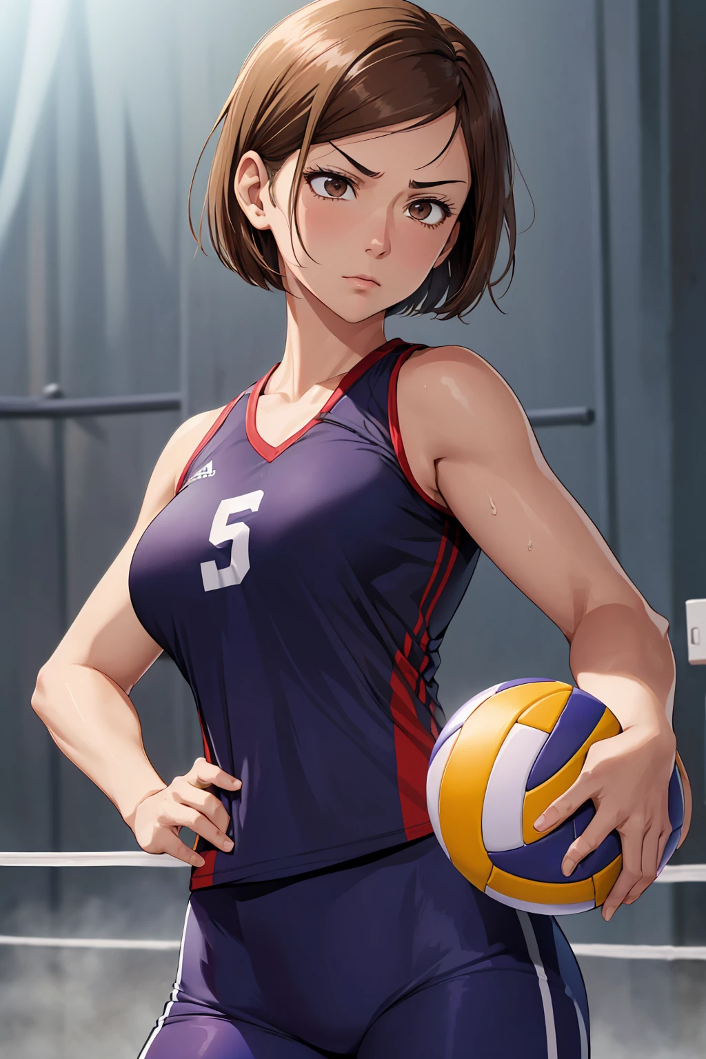 (Highest quality:1.5, High resolution, uhd, 4K, Detailed lighting, Shaders), ((Kugisaki Nobara)) ,solo short hair Brown Hair Brown eyes Cool face ((Volleyball Uniforms))++ Realistic gym Sweat Super oily skin Preparing for exercise No ball No sleeve Cowboy Shot