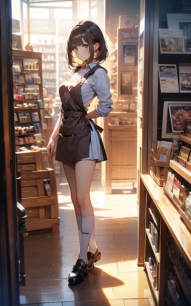 nsfw
(No sideburns),
(brown bob short bangs hair), (bob medium length hair),
(put your hair up:0.2),(Gorgeous, voluminous cabaret club girl hairstyle),
(brown Princess bangs), (brown hair), (bob medium length hair), (middle_length waved hair), (vertical roll medium length hair), (bangs hair),
Masterpiece, high quality, extremely detailed, cute with glowing white skin, eyelashes and cute blonde eyes, アニメ, gorgeous background-centered composition,
(Best quality, 32k, photos of cute Japanese women),
(Realistic skin texture),
(Raw photo: 0.8),
(The background is inside the store Adult Shop book store DVD Shop Poster of a nude model on the wall),
(A pale light shines through),
cool-lighting,
1girl,
detailed face and breast,
17 years old,
tall,
(Schoolgirl Naked Apron socks),
(shy:1.2),
(looking away:1.2),
(Open your eyes slightly:1.0),
(Droopy eyes:1.1),
(closed mouth:1.0),
(Ultra Dynamic Angle:1.2),
