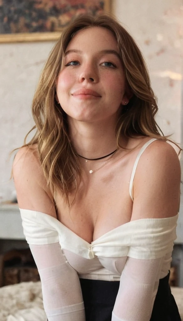  upper body,  close up  ohwx woman,dreamy vibes, freckles, soft smile, shoulder length,brunette hair at side, living room, white stockings,(detached  shirt),beautiful legs, black choker,Denoidramatic, atmospheric, reddit, medium quality, normal aesthetic,sticking tongue out,bra peak