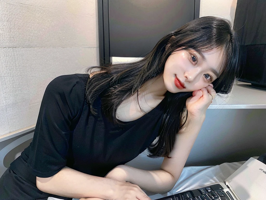 20 year old young asian woman, with long black hair, office dress with short black skirt, tight shirt with a neckline that reveals the black bra. She is lying on a bed checking her email on a laptop.