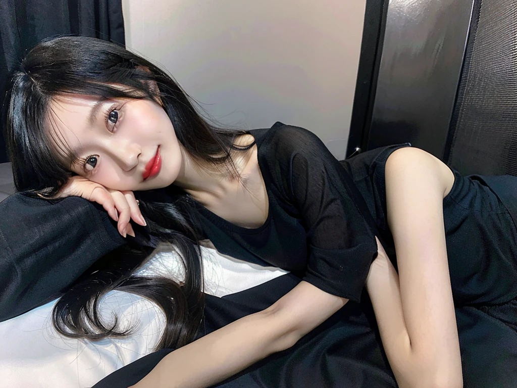 20 year old young asian woman, with long black hair, office dress with short black skirt, tight shirt with a neckline that reveals the black bra. She is lying on a bed checking her email on a laptop.