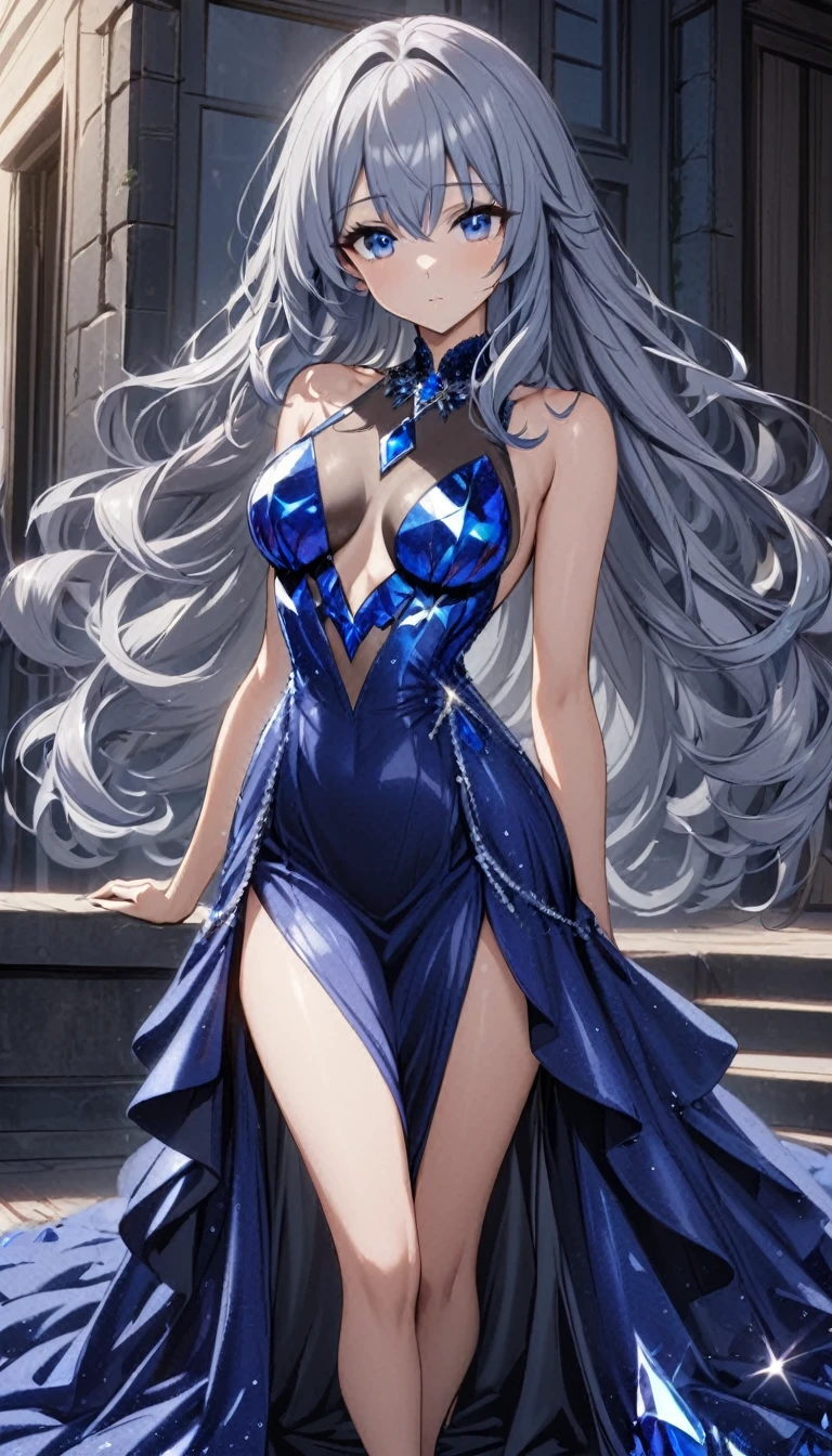 1lady,(blue gray hair),long hair,blue eyes,medium breasts,lapis lazuli crystalline dress,cowboy shot,