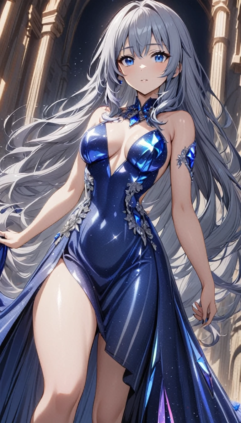 1lady,(blue gray hair),long hair,blue eyes,medium breasts,lapis lazuli crystalline dress,cowboy shot,