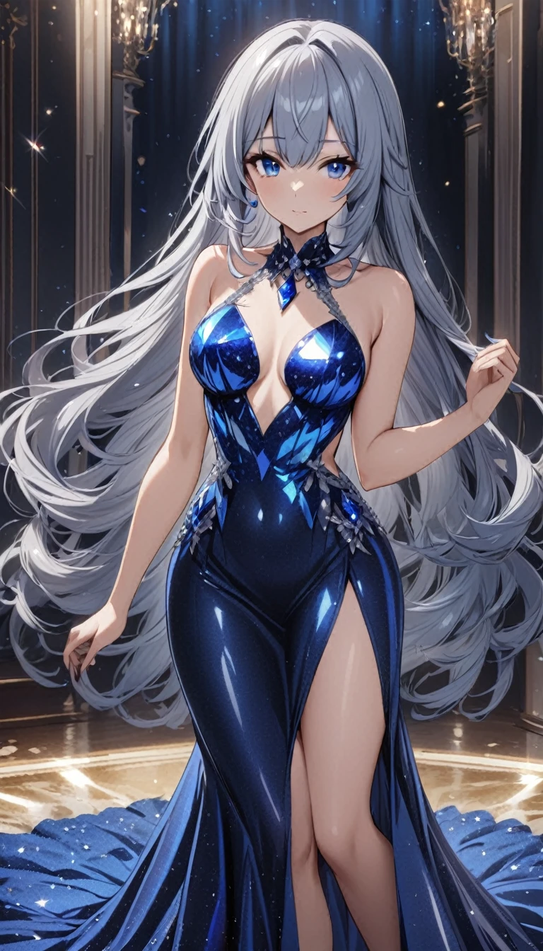 1lady,(blue gray hair),long hair,blue eyes,medium breasts,lapis lazuli crystalline dress,cowboy shot,