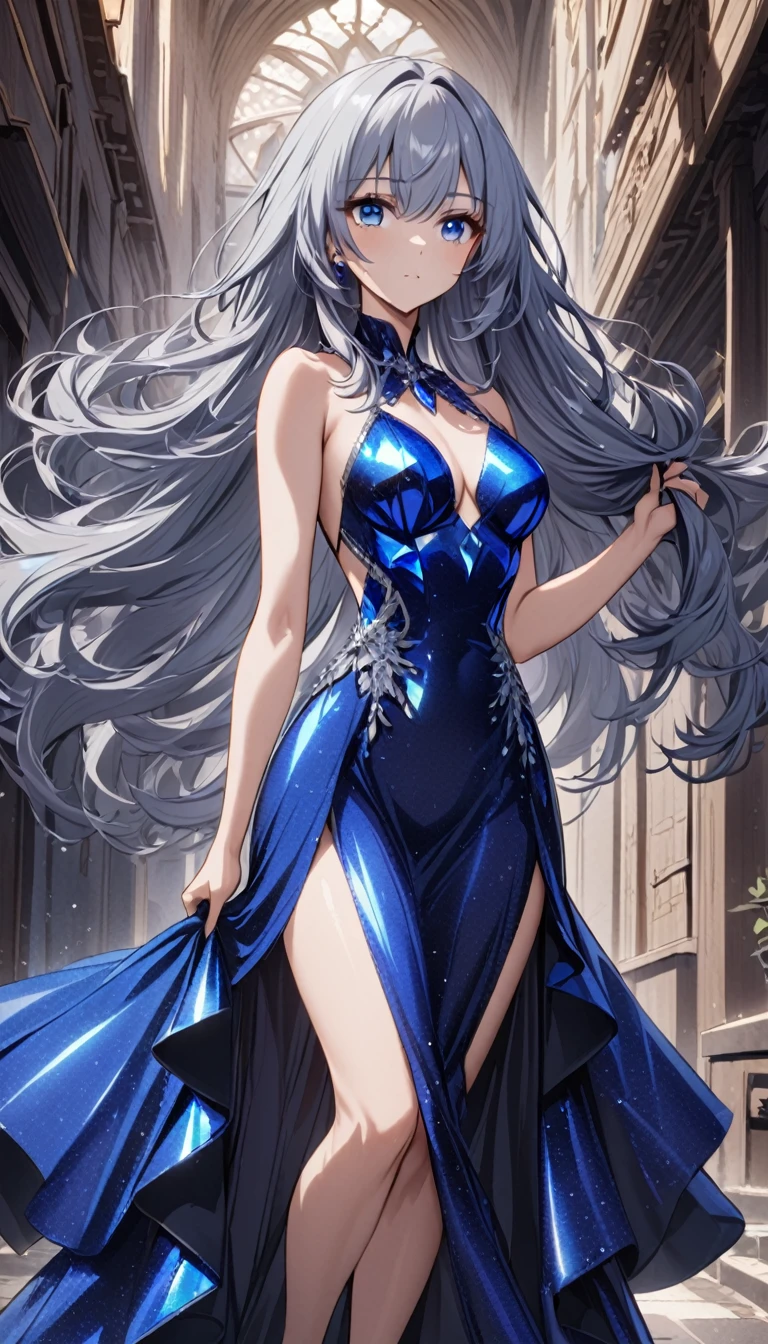 1lady,(blue gray hair),long hair,blue eyes,medium breasts,lapis lazuli crystalline dress,cowboy shot,