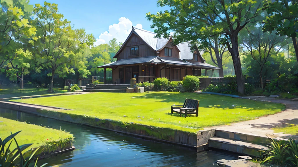 A large black grand piano placed beside a small stream lined with irises、White clouds in blue sky、A typical grand piano