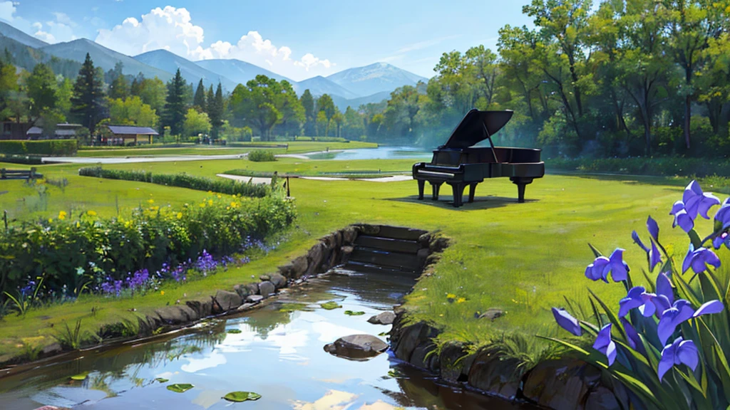 A large black grand piano placed beside a small stream lined with irises、White clouds in blue sky、A typical grand piano
