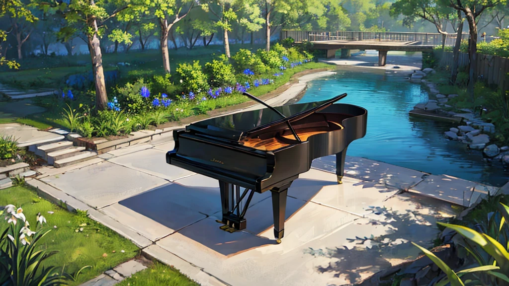 A large black grand piano placed beside a small stream lined with irises、White clouds in blue sky、A typical grand piano