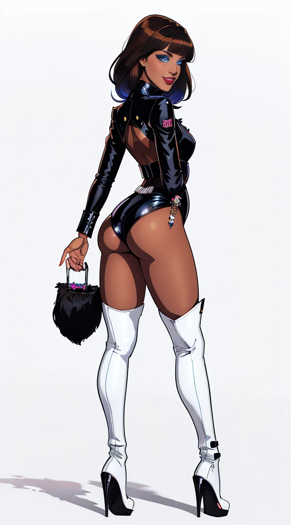 Sexy Hermaphrodite, Plump, pursed lips, Smooth Skin, brown hair with bangs.Crystal blue eyes with smoky eyeshadow and black eyeliner, Black semi-matt lipstick, Dark Skin, A frivolous, proud smile, ,Full body image、Plain white background、Thigh high boots with black pin heels.Angle from behind.Doggystyle