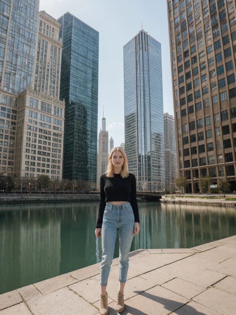 her name is Elle, high quality, 1girl, ((20-year-old fit Caucasian woman)), ((20 years old)), ((fit)), ((pale skin)), short length straight blonde hair , wearing Lace-Up Front Sweater + High-Waisted Colorblock Pants, pose: standing, background: Detail the stunning architecture of the Chicago skyline as seen from the Chicago River, with its mix of historic and modern buildings reflected in the water.