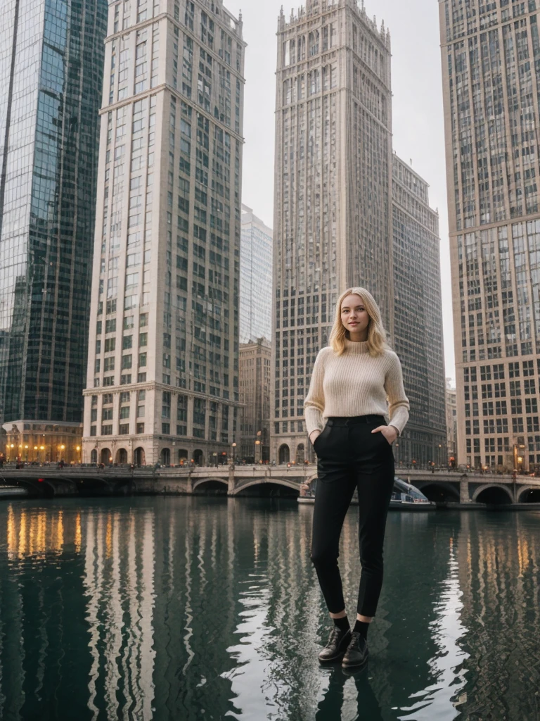 her name is Elle, high quality, 1girl, ((20-year-old fit Caucasian woman)), ((20 years old)), ((fit)), ((pale skin)), short length straight blonde hair , wearing Lace-Up Front Sweater + High-Waisted Colorblock Pants, pose: standing, background: Detail the stunning architecture of the Chicago skyline as seen from the Chicago River, with its mix of historic and modern buildings reflected in the water.