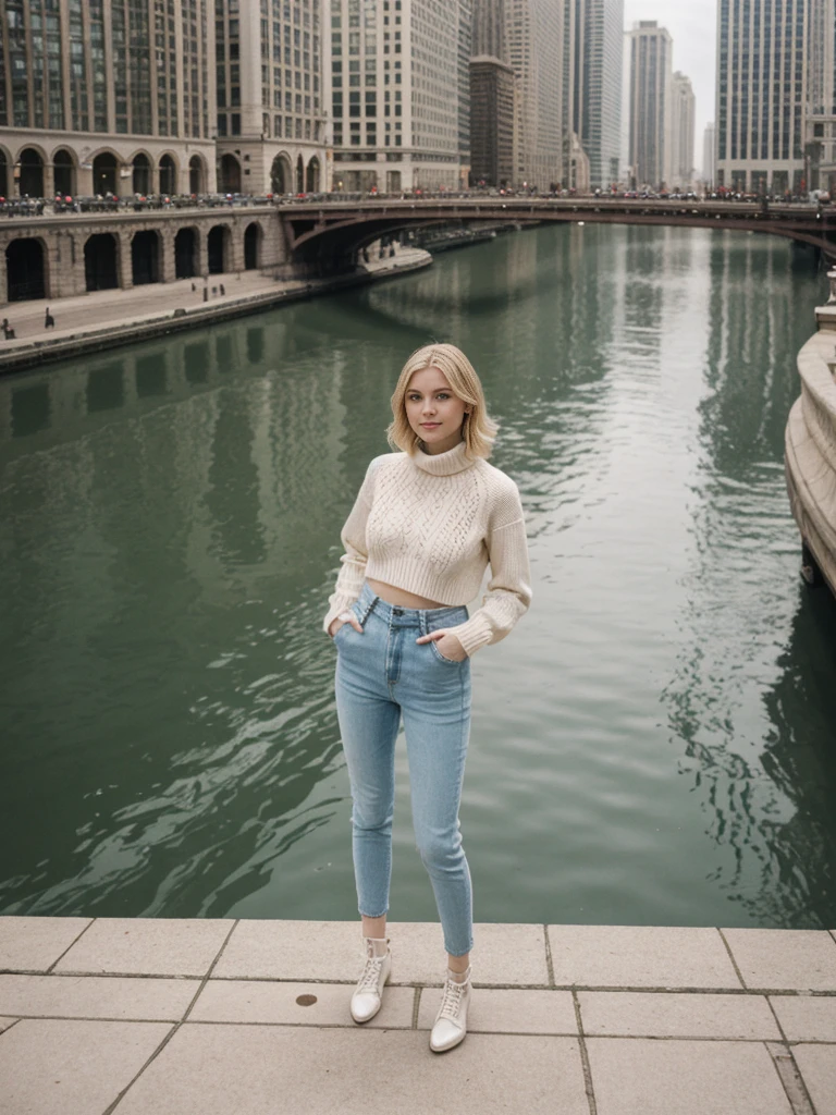 her name is Elle, high quality, 1girl, ((20-year-old fit Caucasian woman)), ((20 years old)), ((fit)), ((pale skin)), short length straight blonde hair , wearing Lace-Up Front Sweater + High-Waisted Colorblock Pants, pose: standing, background: Detail the stunning architecture of the Chicago skyline as seen from the Chicago River, with its mix of historic and modern buildings reflected in the water.
