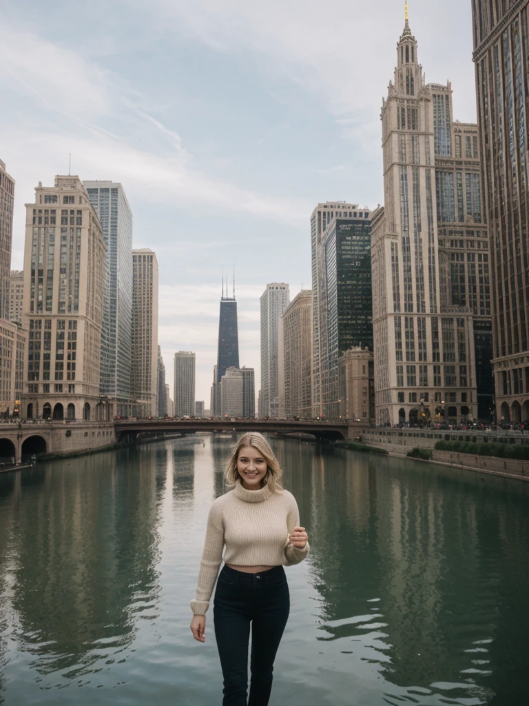 her name is Elle, high quality, 1girl, ((20-year-old fit Caucasian woman)), ((20 years old)), ((fit)), ((pale skin)), short length straight blonde hair , wearing Lace-Up Front Sweater + High-Waisted Colorblock Pants, pose: standing, background: Detail the stunning architecture of the Chicago skyline as seen from the Chicago River, with its mix of historic and modern buildings reflected in the water.