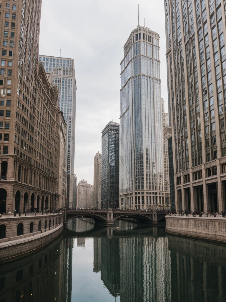 her name is Elle, high quality, 1girl, ((20-year-old fit Caucasian woman)), ((20 years old)), ((fit)), ((pale skin)), short length straight blonde hair , wearing Lace-Up Front Sweater + High-Waisted Colorblock Pants, pose: standing, background: Detail the stunning architecture of the Chicago skyline as seen from the Chicago River, with its mix of historic and modern buildings reflected in the water.