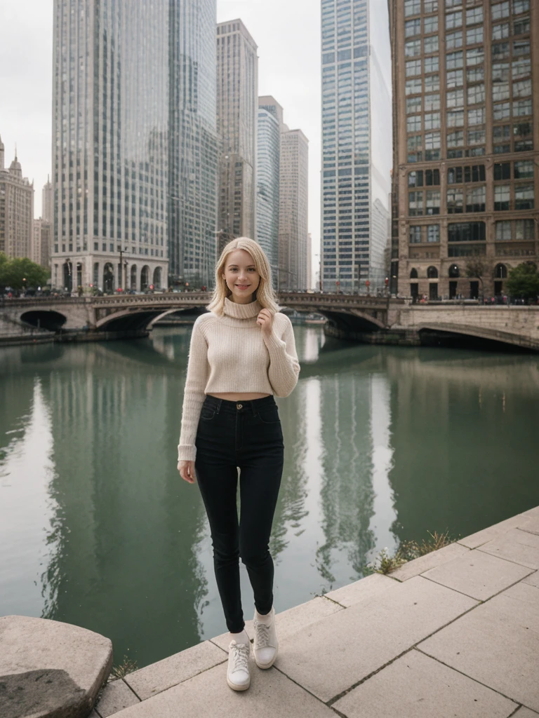 her name is Elle, high quality, 1girl, ((20-year-old fit Caucasian woman)), ((20 years old)), ((fit)), ((pale skin)), short length straight blonde hair , wearing Lace-Up Front Sweater + High-Waisted Colorblock Pants, pose: standing, background: Detail the stunning architecture of the Chicago skyline as seen from the Chicago River, with its mix of historic and modern buildings reflected in the water.