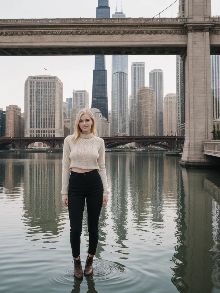 her name is Elle, high quality, 1girl, ((20-year-old fit Caucasian woman)), ((20 years old)), ((fit)), ((pale skin)), short length straight blonde hair , wearing Lace-Up Front Sweater + High-Waisted Colorblock Pants, pose: standing, background: Detail the stunning architecture of the Chicago skyline as seen from the Chicago River, with its mix of historic and modern buildings reflected in the water.