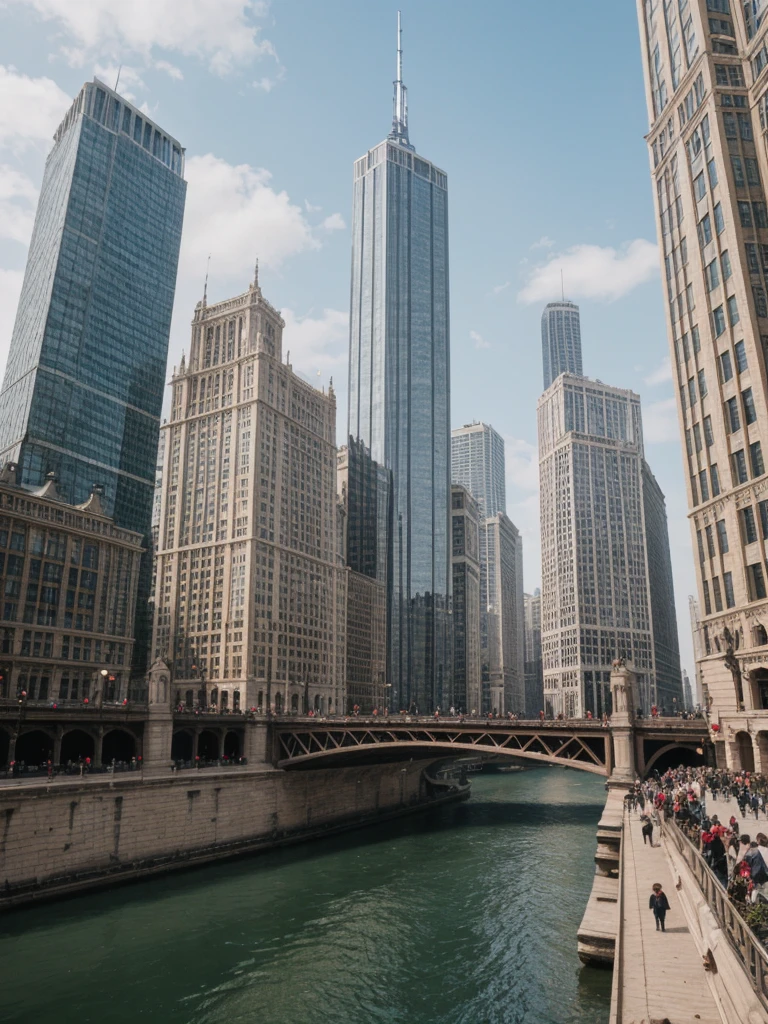 her name is Elle, high quality, 1girl, ((20-year-old fit Caucasian woman)), ((20 years old)), ((fit)), ((pale skin)), short length straight blonde hair , wearing Lace-Up Front Sweater + High-Waisted Colorblock Pants, pose: standing, background: Detail the stunning architecture of the Chicago skyline as seen from the Chicago River, with its mix of historic and modern buildings reflected in the water.