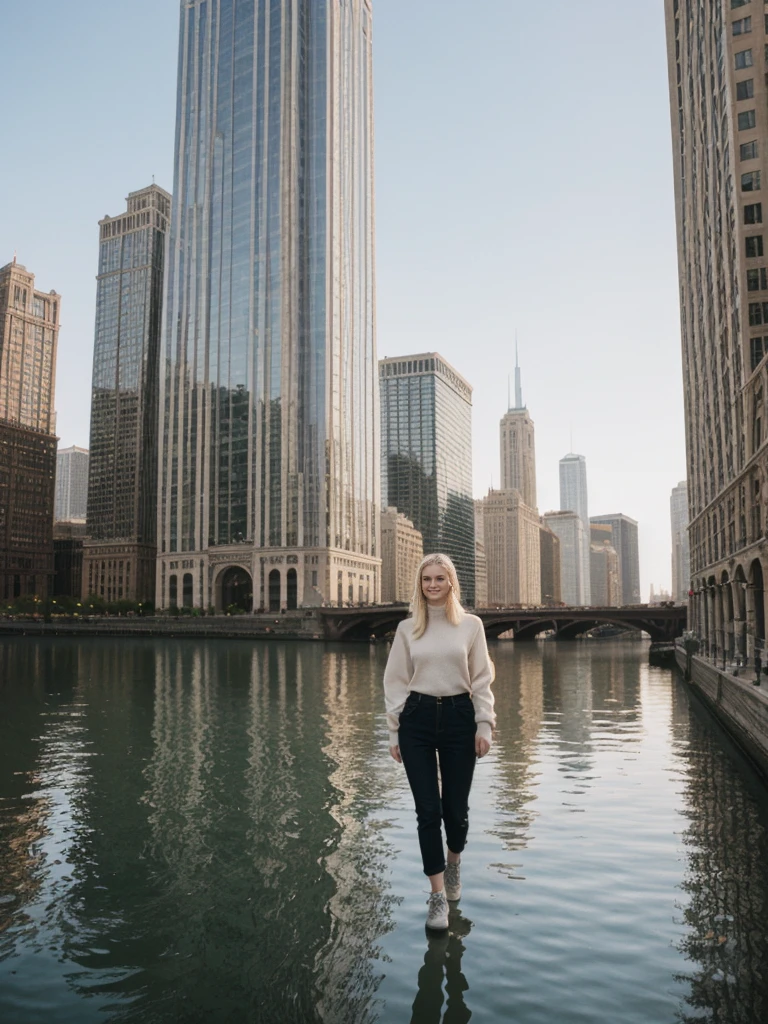 her name is Elle, high quality, 1girl, ((20-year-old fit Caucasian woman)), ((20 years old)), ((fit)), ((pale skin)), short length straight blonde hair , wearing Lace-Up Front Sweater + High-Waisted Colorblock Pants, pose: standing, background: Detail the stunning architecture of the Chicago skyline as seen from the Chicago River, with its mix of historic and modern buildings reflected in the water.