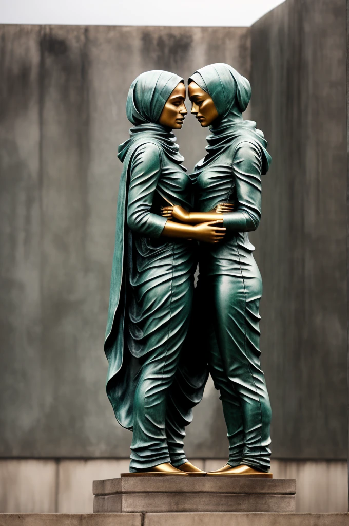 close 3/4 view of statue of woman wearing hijab in the rain tx, solo, raindrops, wet metal, concrete background, realistic, looking at viewer, green skin, 