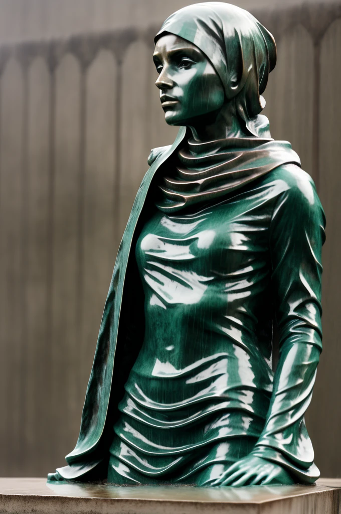 close 3/4 view of statue of woman wearing hijab in the rain tx, solo, raindrops, wet metal, concrete background, realistic, looking at viewer, green skin,