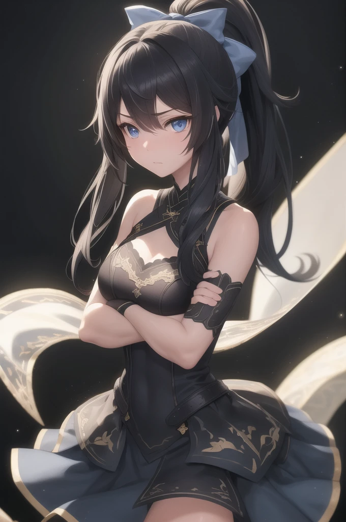 light particles, soft lighting, volumetric lighting, details Intricate, finely detailed, background lighting,

1girl, 独奏, standing, upperbody, crossed arms,

Bblack hair, long hair, high ponytail, hair entries, side strands, white bow blue eyes, gazing at viewer, tsurime, half-closed eyes,

light blue dress, bared shoulders, bare arms, mitts,

black backdrop, simple background,

<lora:Add detail
