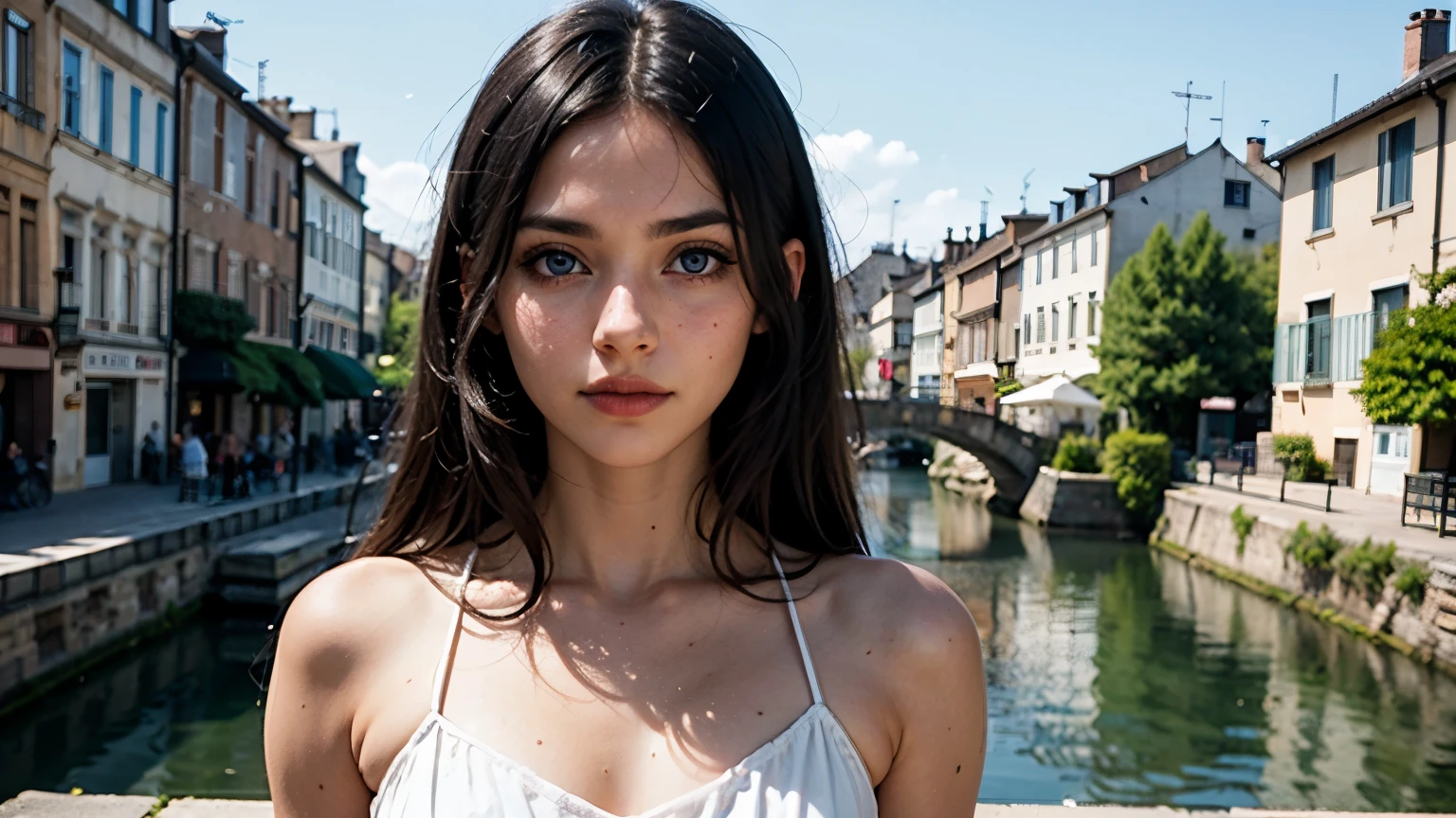 35mm film, solo, makeup, blue eyes, , (white dress), looking at viewer, epiCPhoto,focus on face, close to viewer, intricate lines, medieval houses, cobblestone path, (((urban lake))), sharp magnificent details, delicate features, elaborate details, beautiful girl, ((black hair)), (long hair) eighteen years old woman, ((upper body)) (Acne), ((natural lighting))
