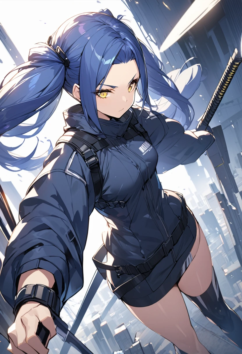 (One very tall woman,Navy Blue Hair,Her hairstyle is twin tails that expose her forehead.,Medium chest,yellow eyes,Dynamic Angle)Japanese spear-wielding woman,Techwear