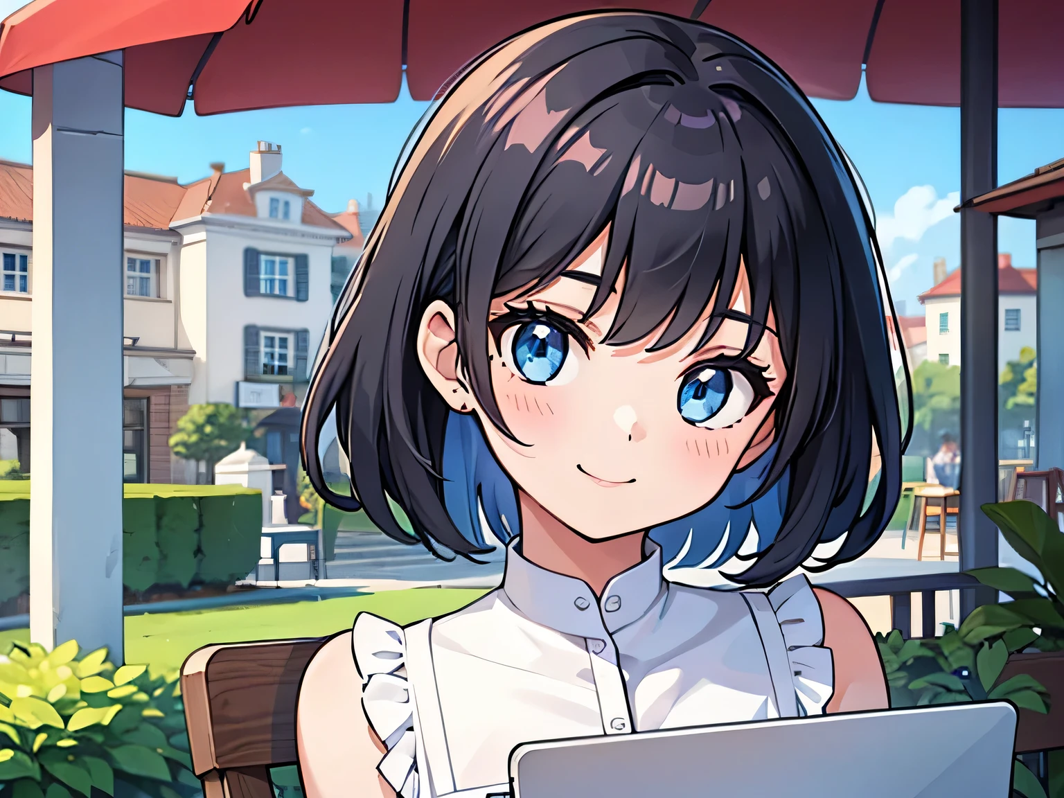 (1girl in),(beautiful blue eyes finely detailed、Face to detail、masterpiece sidelighting、masterpiece、top-quality、detaileds、High resolution illustration),Woman using laptop on the open terrace of a fashionable café、18year old、OL、Everyday clothes、A smile、frontage、The upper part of the body、black hair、Short bob hair、The upper part of the body、