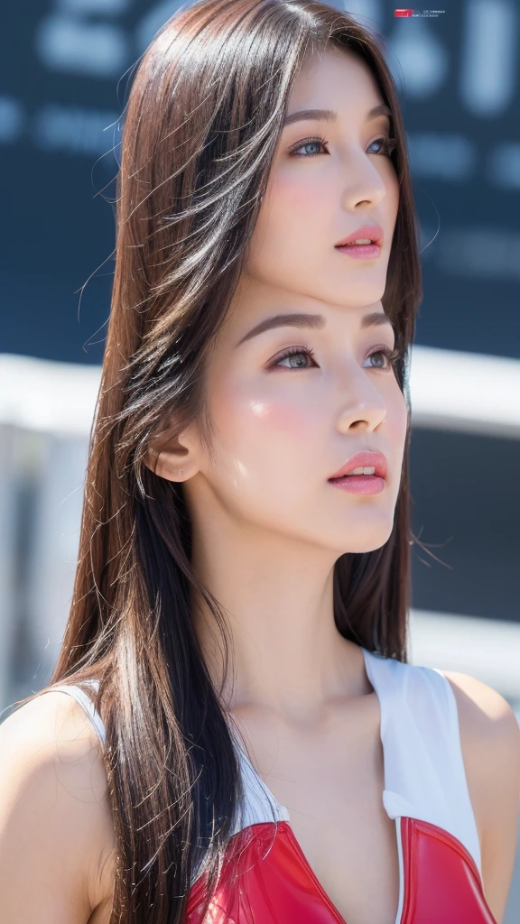 (highest quality、table top、8k、best image quality、Award-winning work)、One cute beauty、straight medium hair、(alone:1.2)、(A brightly colored outfit with clear lines like a racing queen:1.2)、(The Background of a race track with racing cars:1.6)、(Perfectly fixed at the front:1.1)、close up of face、(very big breasts:1.3)、(emphasize body line:1.2)、(Perfect female frontal and horizontal portrait with proper margins:1.2)、(Perfect expression of a woman whether viewed from the side or from the front:1.2)、beautiful and detailed eyes、look at me and smile、(Upright photo from the chest up:1.2)、(turn around and look straight at me:1.2)、(perfect makeup:1.1)、bright lipstick、Ultra high definition beauty face、ultra high definition hair、Super high-definition sparkling eyes、Super high resolution perfect teeth、Super high resolution glossy lips、accurate anatomy、very beautiful skin、(Pure white skin shining in ultra-high resolution:1.2)、Elegant upright posture when viewed from the front、(very bright:1.3)