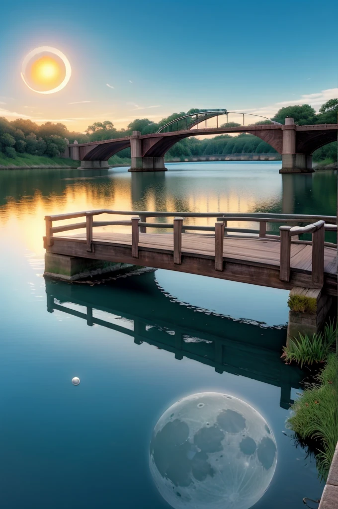 Bridge with sun going away, reflection of the sun in the water and the moon rising