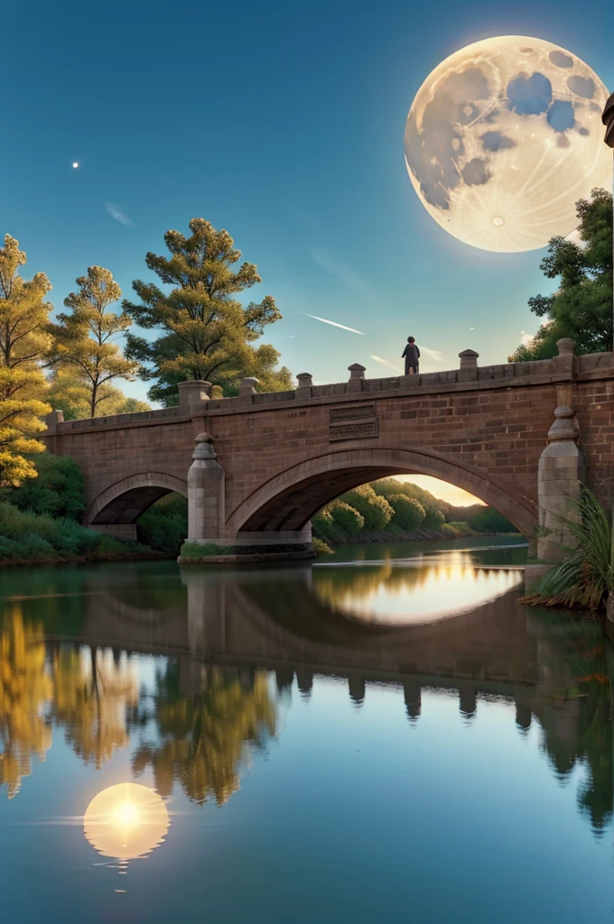 Bridge with sun going away, reflection of the sun in the water and the moon rising