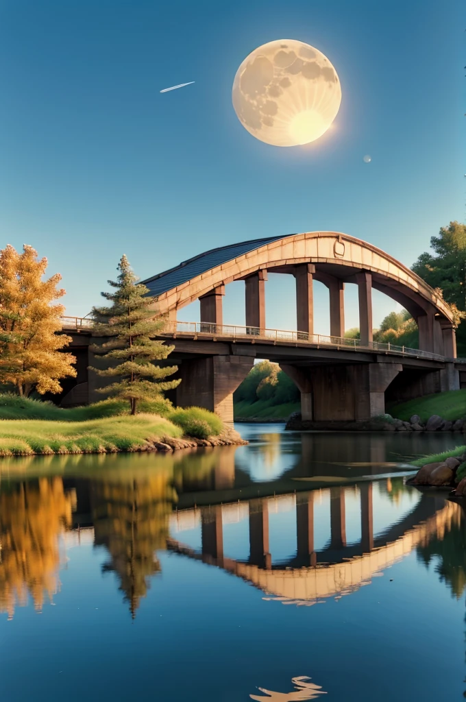 Bridge with sun going away, reflection of the sun in the water and the moon rising