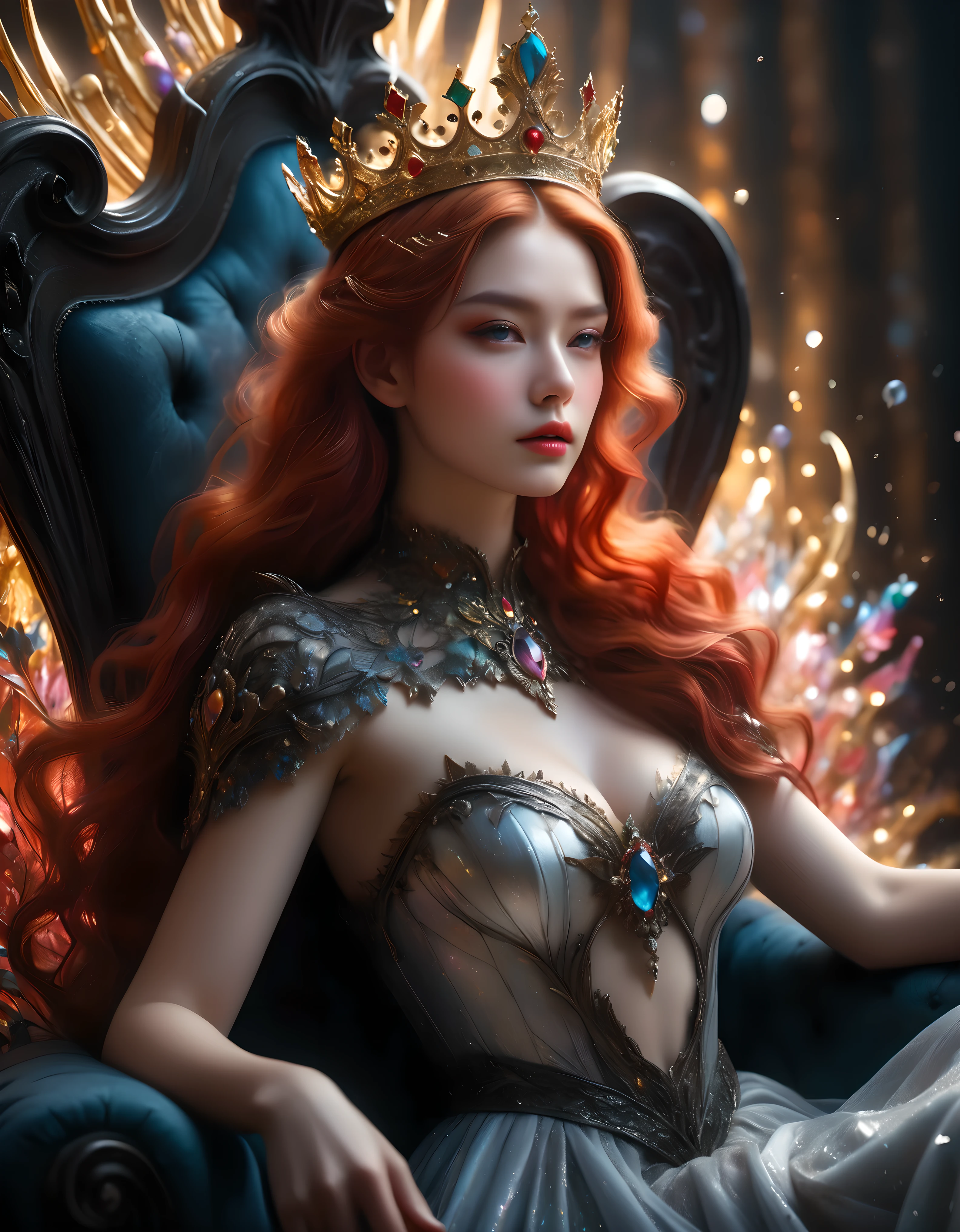 ((Masterpiece in maximum 16K resolution):1.6),((soft_color_photograpy:)1.5), ((Ultra-Detailed):1.4),((Movie-like still images and dynamic angles):1.3) | ((double contact):1.3), ((Majestic Supermodel beauty in a queen coronation on a throne):1.2), ((Superimposed on Red head Pretty Female):1.1), ((Dark Throne lighting):1.3), Agnes Cecile, Jeremy Mann, Oil and ink on canvas, fine dark art, super dramatic light, photoillustration, amazing depth, the ultra-detailed, iridescent black, superfluous dreams, intricately details, amazing depth, Amazing atmosphere, Mesmerizing whimsical vibrant landscapes, ((Majestic Queen coronation):1.2), Maximalism ((beautiful outside, Ugly inside, pressure and pain, beauty and despair, hard and soft, positive and negative, hot and cold, Sweet and sour, Vibrant but boring, Perfect harmony, light and shadows, old and young, Black and white, Corresponding color, loud and quiet, Chaos and peace, life and death):1.2) The complex masterpiece of a real-time engineering leader. | Rendered in ultra-high definition with UHD and retina quality, this masterpiece ensures anatomical correctness and textured skin with super detail. With a focus on high quality and accuracy, this award-winning portrayal captures every nuance in stunning 16k resolution, immersing viewers in its lifelike depiction. | ((perfect_composition, perfect_design, perfect_layout, perfect_detail, ultra_detailed)), ((enhance_all, fix_everything)), More Detail, Enhance.