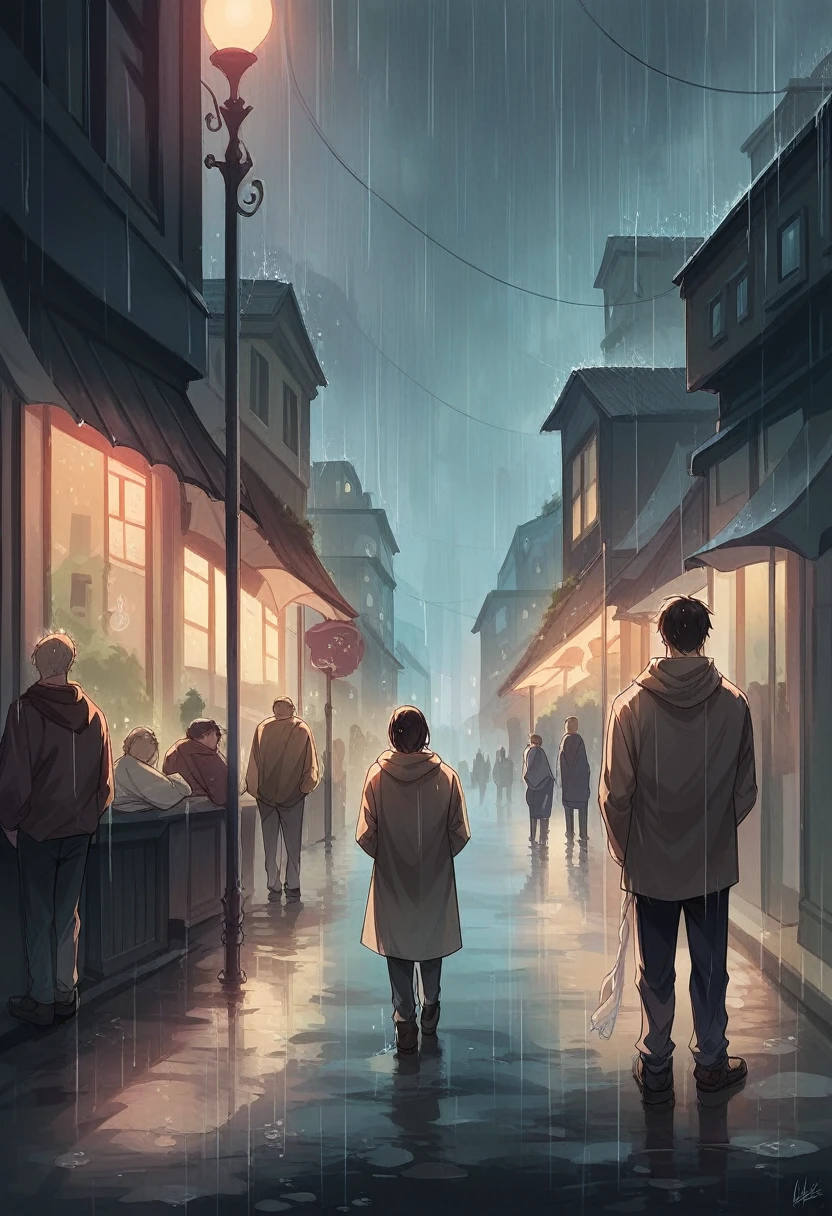 Couple in the rain on the street in a city, warm rain por la noche, 8k artwork, back people wallpaper little rain, warm rain, Heavy Rain
