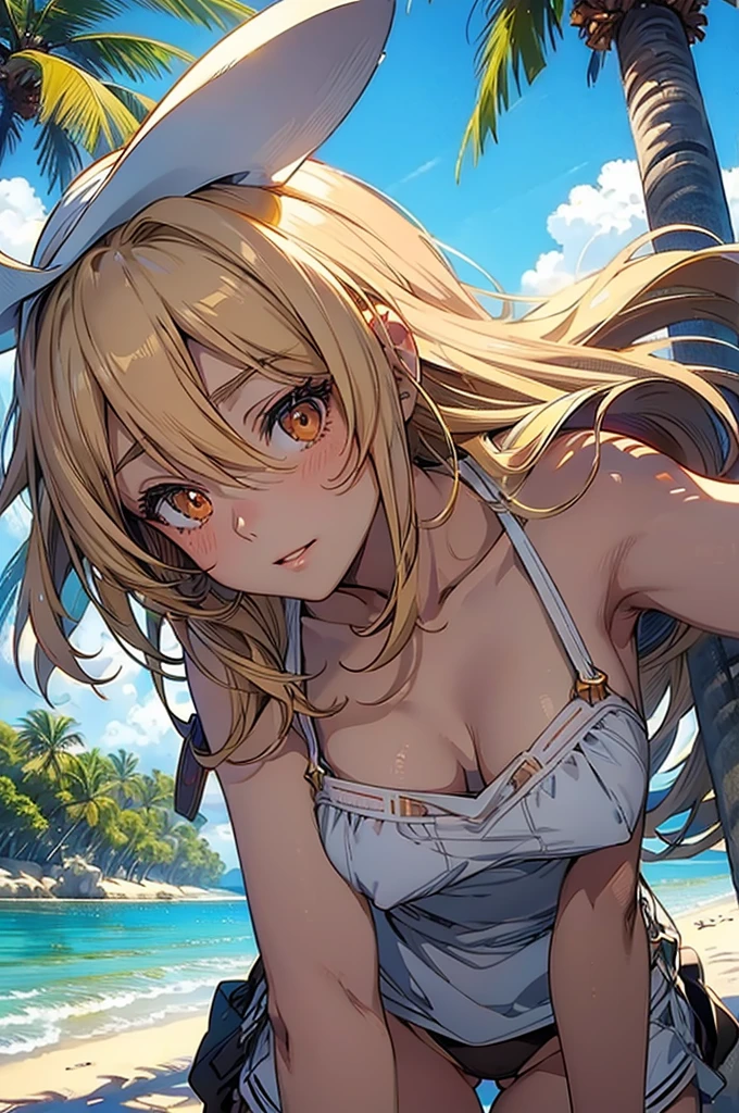 masterpiece, rich colors, Best quality, detailed, high resolution, Hyper quality, high detail, , high quality, detailing, skinny sexy girl on the beach , bright lighting , Brown eyes, Anime, palm trees, bright lighting, blonde,