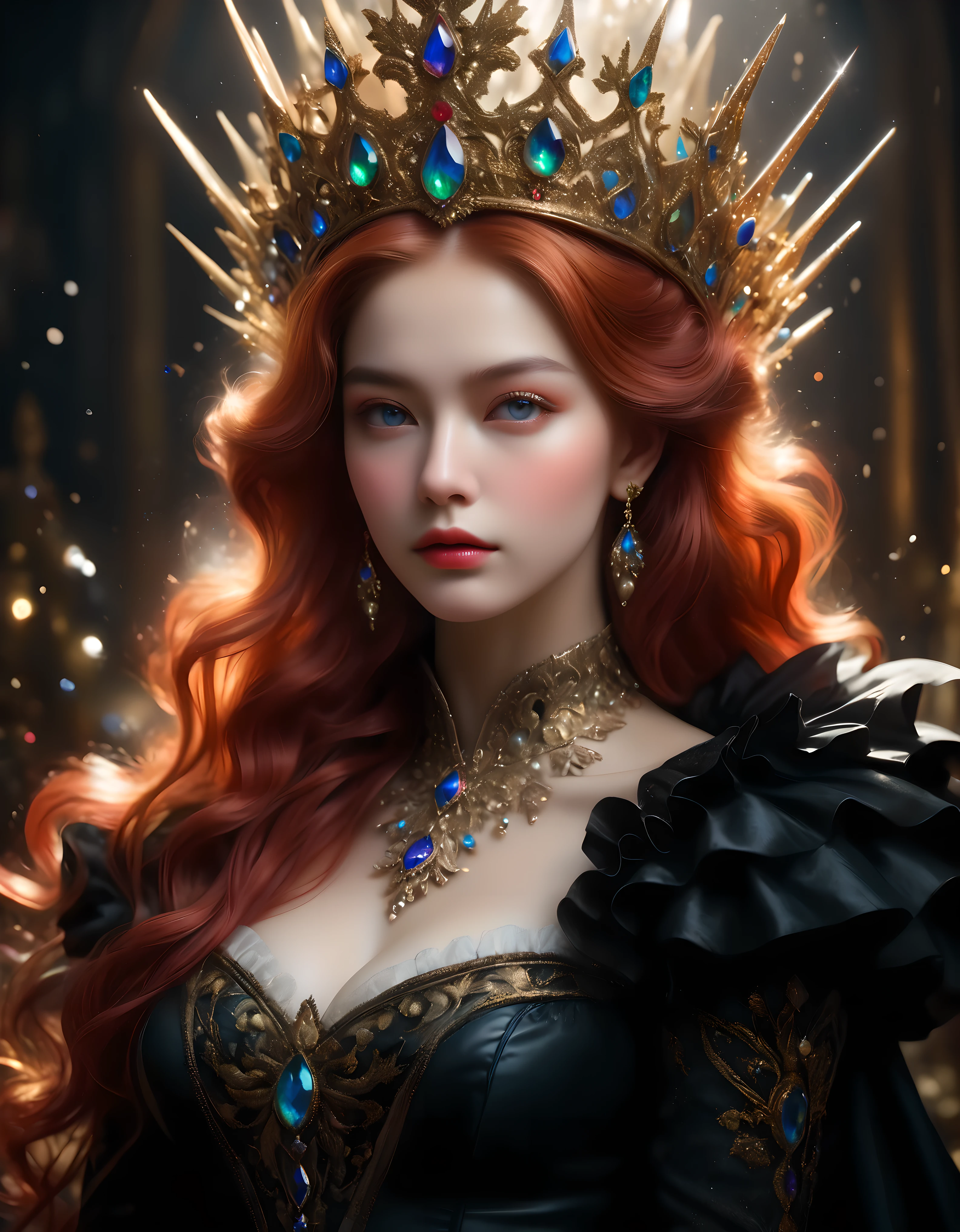 ((Masterpiece in maximum 16K resolution):1.6),((soft_color_photograpy:)1.5), ((Ultra-Detailed):1.4),((Movie-like still images and dynamic angles):1.3) | ((double contact):1.3), ((Majestic Supermodel beauty in a queen coronation on a throne):1.2), ((Superimposed on Red head Pretty French Female):1.1), ((Dark Throne lighting):1.3), Agnes Cecile, Jeremy Mann, Oil and ink on canvas, fine dark art, super dramatic light, photoillustration, amazing depth, the ultra-detailed, iridescent black, superfluous dreams, intricately details, amazing depth, Amazing atmosphere, Mesmerizing whimsical vibrant landscapes, ((Majestic Queen coronation):1.2), ((majestic hand gloves):1.1), Maximalism ((beautiful outside, Ugly inside, pressure and pain, beauty and despair, hard and soft, positive and negative, hot and cold, Sweet and sour, Vibrant but boring, Perfect harmony, light and shadows, old and young, Black and white, Corresponding color, loud and quiet, Chaos and peace, life and death):1.2) The complex masterpiece of a real-time engineering leader. | Rendered in ultra-high definition with UHD and retina quality, this masterpiece ensures anatomical correctness and textured skin with super detail. With a focus on high quality and accuracy, this award-winning portrayal captures every nuance in stunning 16k resolution, immersing viewers in its lifelike depiction. | ((perfect_composition, perfect_design, perfect_layout, perfect_detail, ultra_detailed)), ((enhance_all, fix_everything)), More Detail, Enhance.