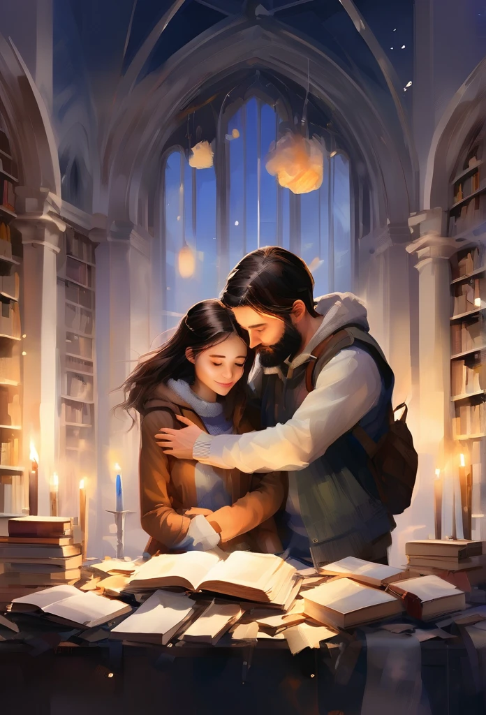 （masterpiece, highest quality, super detailed, Very detailed CG),   ( man and woman hugging each other:1.4)、  setting: office,
scene: a lot of books、Candlelight provides light。,woman with brown hair, casual clothes, man black hair, beard, tall, work office clothes」 colorful, warm halo, sky,  watercolor, wide shot.  