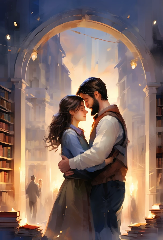 (masterpiece, highest quality, super detailed, Very detailed CG), ( man and woman hugging each other:1.4)、 setting: office,
scene: a lot of books、Candlelight provides light。,woman with brown hair, casual clothes, man black hair, beard, tall, work office clothes」 colorful, warm halo, sky, watercolor, wide shot.