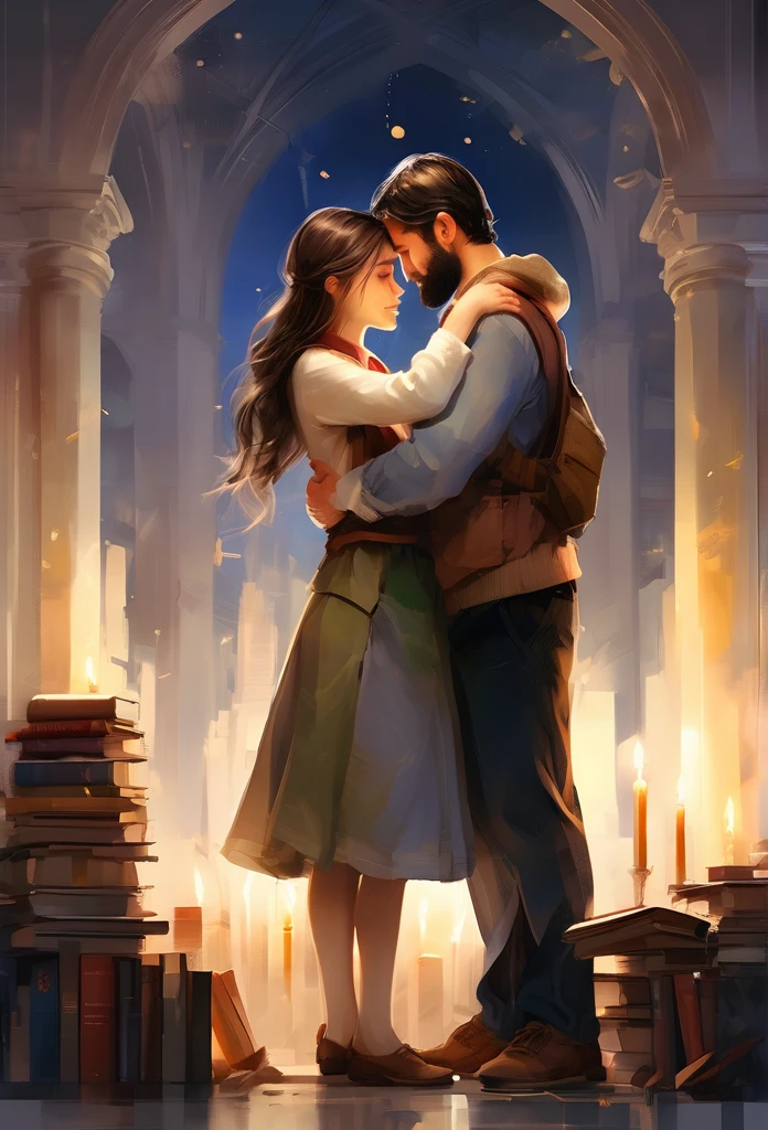 （masterpiece, highest quality, super detailed, Very detailed CG),   ( man and woman hugging each other:1.4)、  setting: office,
scene: a lot of books、Candlelight provides light。,woman with brown hair, casual clothes, man black hair, beard, tall, work office clothes」 colorful, warm halo, sky,  watercolor, wide shot.  