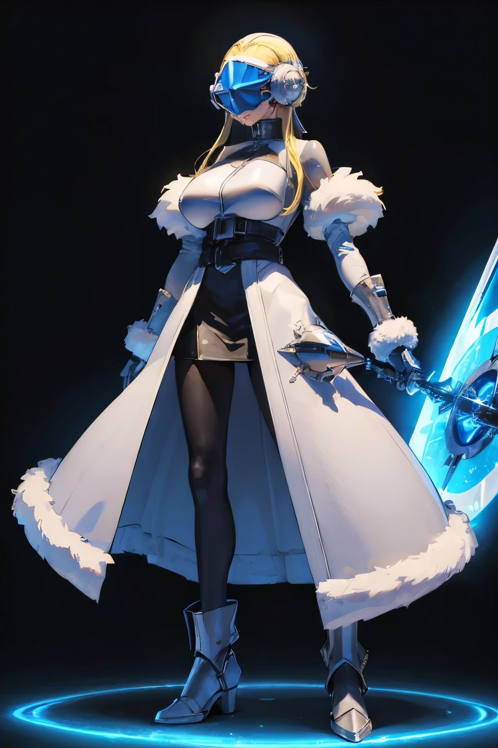  Charming Angel Digimon, Digimon Sandrimon,  Simple Futuristic Cyborg Empress, Queen of Ice and Storm, masterpiece, Highest quality, 4K, Ultra-high resolution,(Face Shield:1.5),(Blonde:1.7),White fur coat,gigantic breast,boots,Shield that covers the entire face,Shield LED display,(Mature Woman:1.7),belt,No sleeve,(battle態勢:1.7),(Hiding his face with a shade:1.5),Sleek design,Cinderella,Thimble gloves,Footwork,battle,tall,solo,Cyber earmuffs,Luxurious white fur,no weapons,I have nothing in my hands,Not carrying a weapon,(Coat half off:1.4),Tight Skirt,Long legs,Beautiful feet