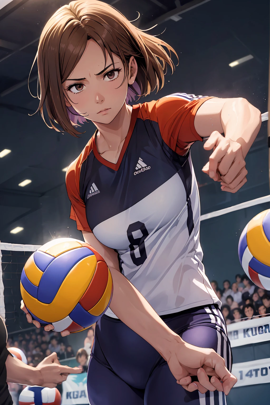 (Highest quality:1.5, High resolution, uhd, 4K, Detailed lighting, Shaders), ((Kugisaki Nobara)) ,solo short hair　Brown Hair　Brown eyes　Cool face　　((Volleyball Uniforms))++　Realistic gym　 Sweat　Super oily skin　　Preparing for exercise　No ball　No sleeve　Cowboy Shot